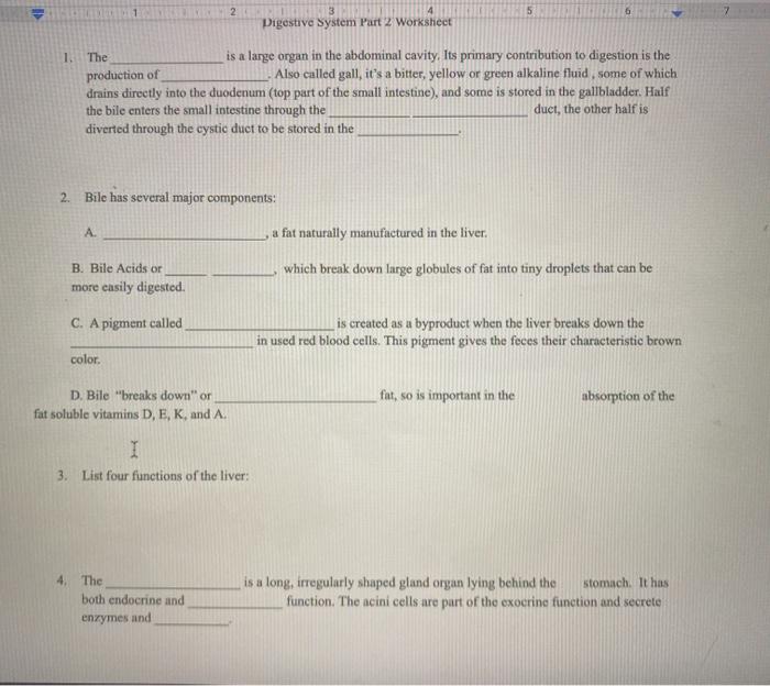 Solved 1 2 5 6 3 Digestive System Part 2 Worksheet 1. The is | Chegg.com