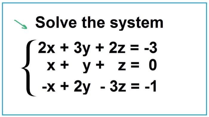 Solved Solve the system 2x + 3y + 2z = -3 x + y + z = 0 -x + | Chegg.com