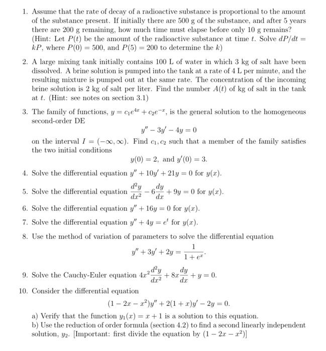 Solved 1. Assume that the rate of decay of a radioactive | Chegg.com