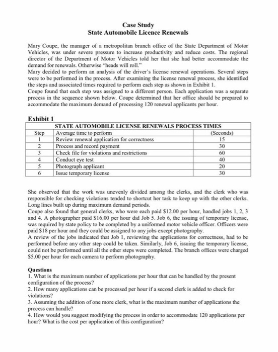 Solved Case Study State Automobile Licence Renewals costs.