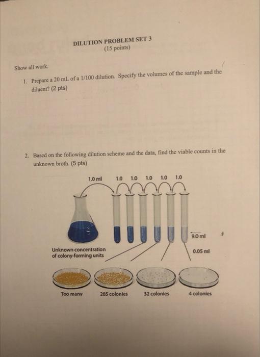 Show all work.
1. Prepare a \( 20 \mathrm{~mL} \) of a \( 1 / 100 \) dilution. Specify the volumes of the sample and the dilu