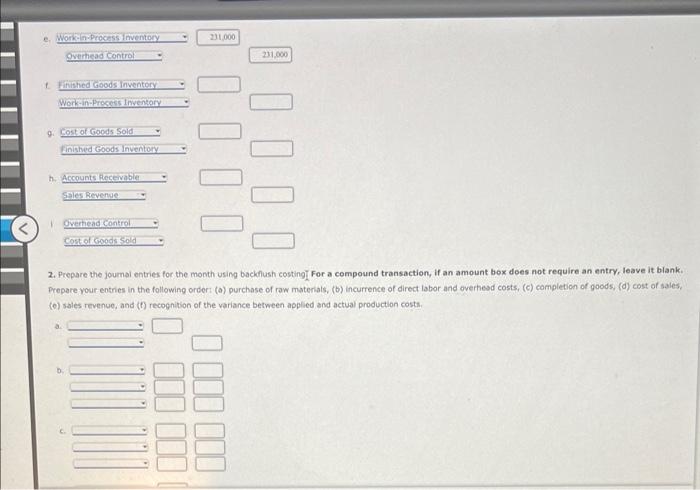 2. Prepare the joumal entries for the month using backflush costing] For a compound transaction, if an amount box does not re