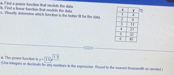 Solved a. Find a power function that models the data. b. | Chegg.com