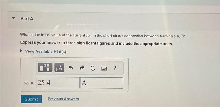 What is the initial value of the current \( i_{\mathrm{ab}} \) in the short-circuit connection between terminals a, b? Expres