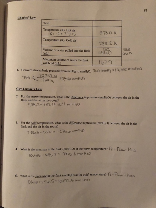 Experiment VIII Gas Laws LABORATORY REPORT SHEET Date
