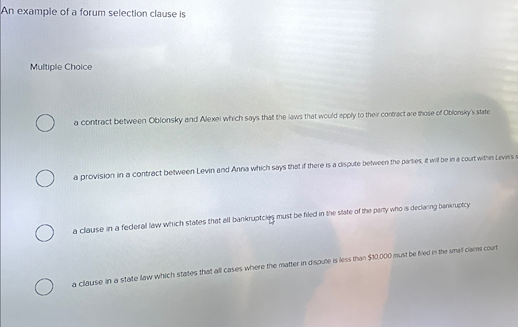 Solved An example of a forum selection clause isMultiple