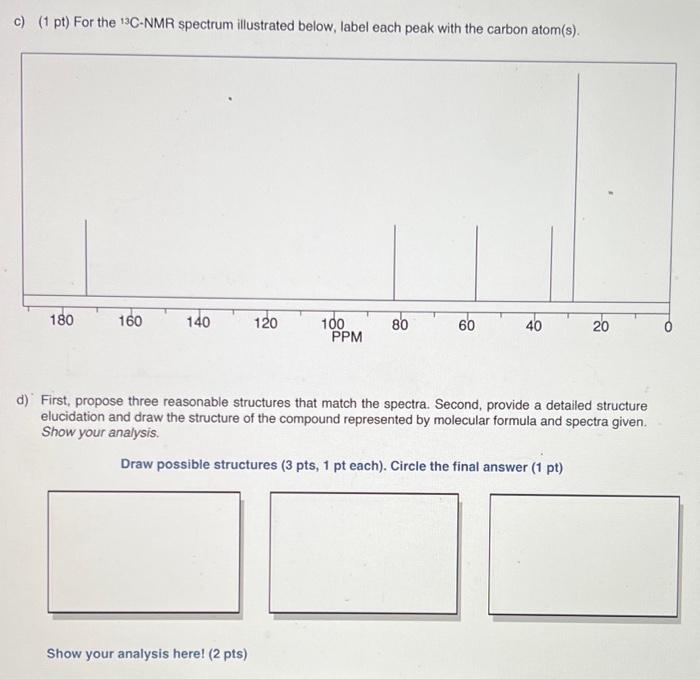 c) (1 pt) For the \( { }^{13} \mathrm{C}-\mathrm{NMR} \) spectrum illustrated below, label each peak with the carbon atom(s).