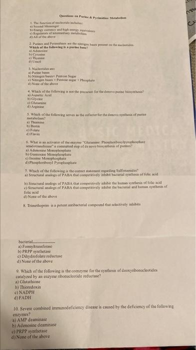 Solved Questions Purine & Pyrimidins Metab 1. The function | Chegg.com