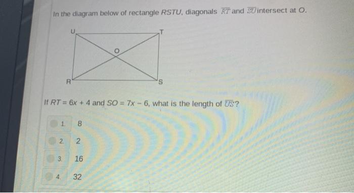 Solved In The Diagram Below Of Rectangle Rstu Diagonals Chegg Com