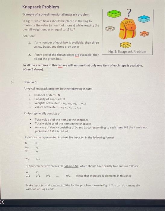 Solved Knapsack Problem Example of a one-dimensional | Chegg.com