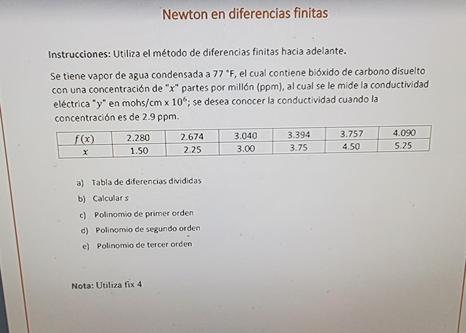 Instrucciones: Utiliza el método de diferencias finitas hacia adelante. Se tiene vapor de agua condensada a \( 77^{\circ} \ma