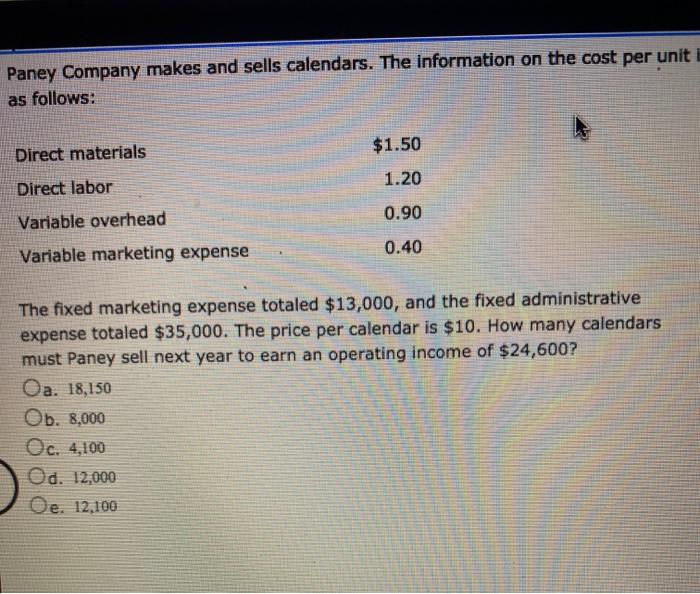 Solved Paney Company makes and sells calendars. The