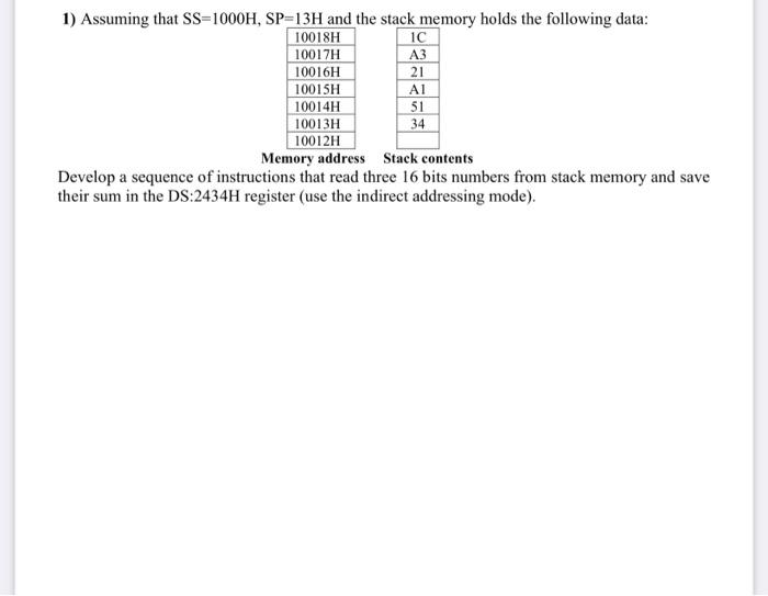 Solved 1) Assuming that SS=1000H,SP=13H and the stack memory