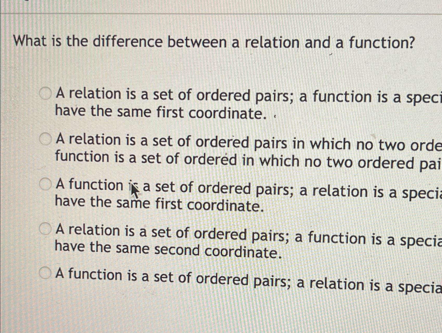 Solved What is the difference between a relation and a | Chegg.com