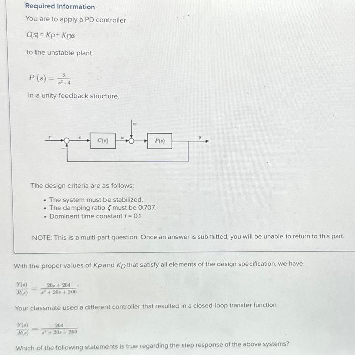Solved Required information You are to apply a PD controller | Chegg.com