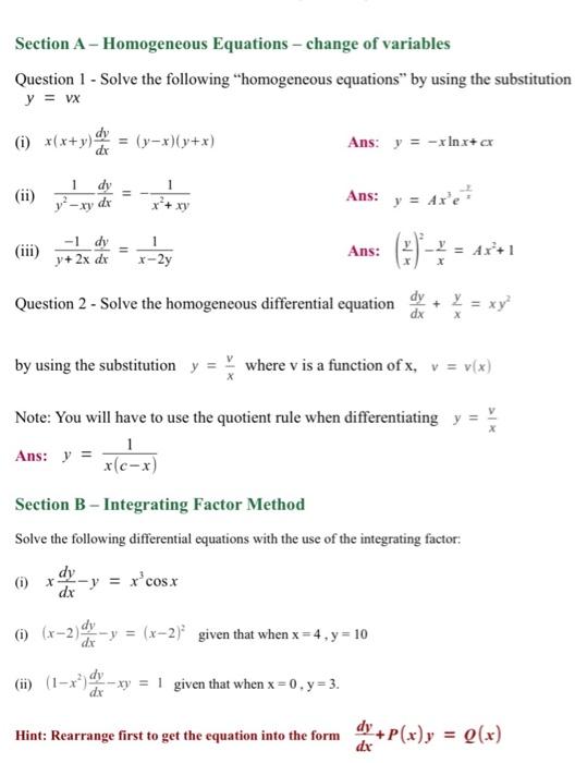 Solved Section A - Homogeneous Equations - change of | Chegg.com