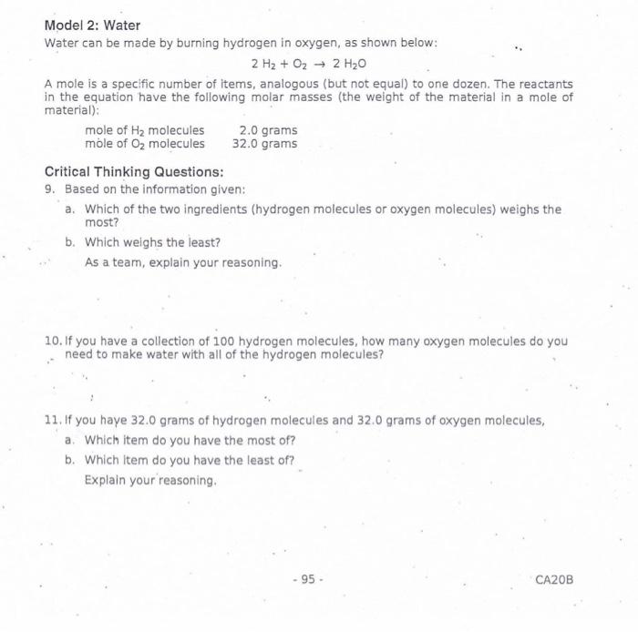 Solved Model 2 Water Water can be made by burning hydrogen