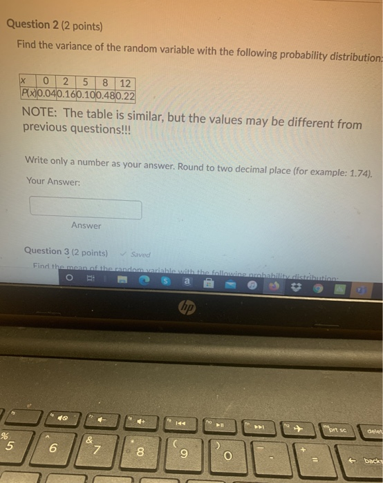 Solved Question 2 (2 points) Find the variance of the random | Chegg.com