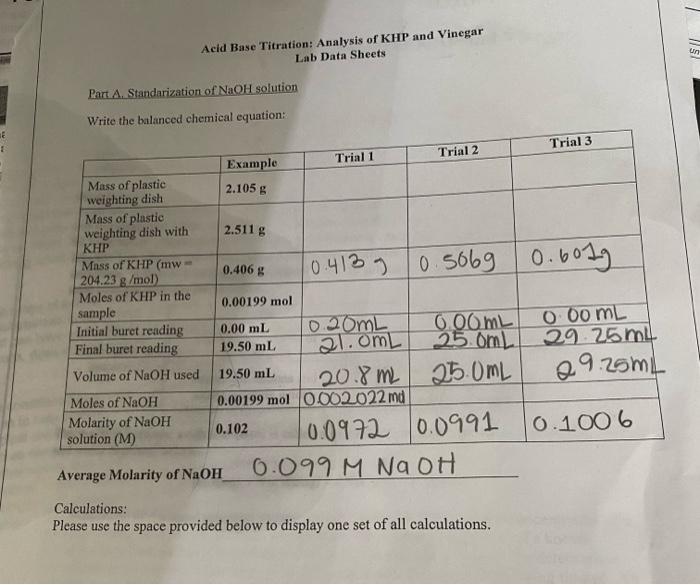 Solved Un Acid Base Titration Analysis of KHP and Vinegar