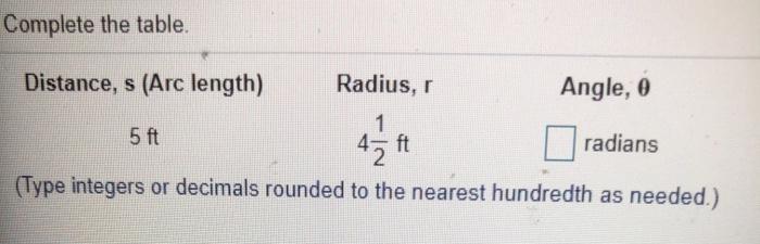 Solved Complete the table. Distance, s (Arc length) Radius, | Chegg.com