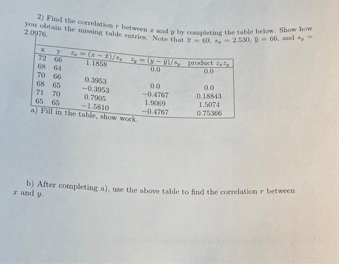 Solved 2) Find the correlation r between x and y by | Chegg.com