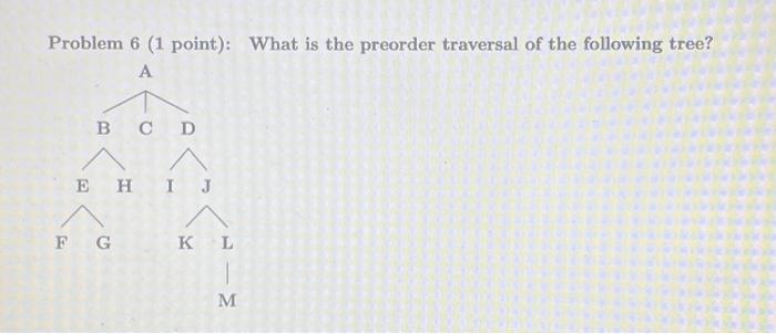 Solved Problem 6 ( 1 point): What is the preorder traversal | Chegg.com
