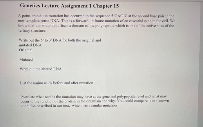Solved Genetics Lecture Assignment 1 Chapter 15 A point, | Chegg.com