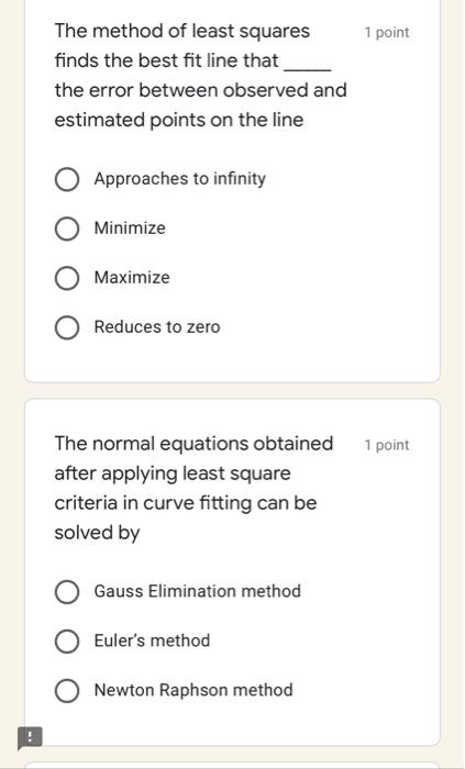 Solved 1 point The method of least squares finds the best | Chegg.com