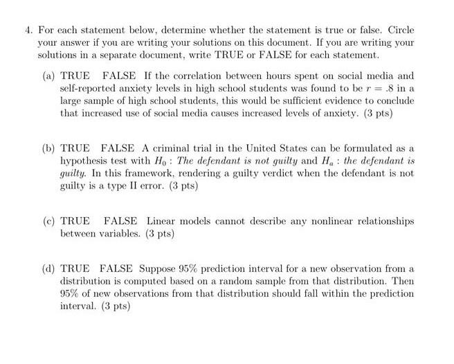 Solved 4. For each statement below, determine whether the | Chegg.com