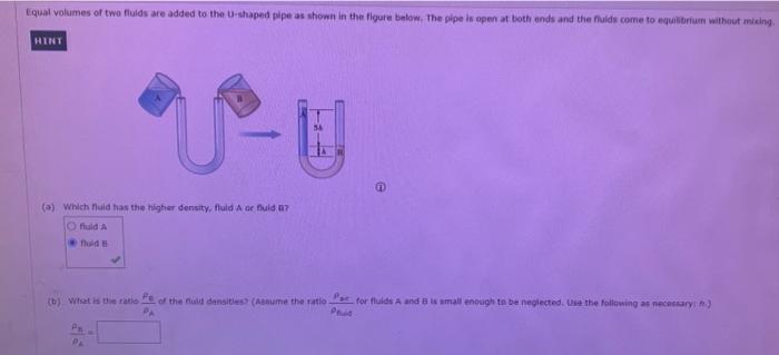 Solved Equal Volumes Of Two Fluids Are Added To The U-shaped | Chegg.com