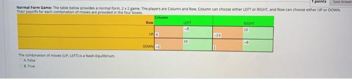 Solved 1 points Save Answer Normal Form Game: The table | Chegg.com