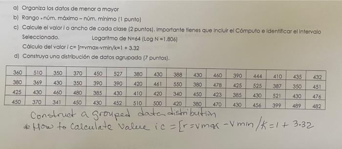 a) Organiza los datos de menor a mayor b) Rango = núm. máximo - núm. mínimo (1 punto) c) Calcule el valor lo ancho de cada cl