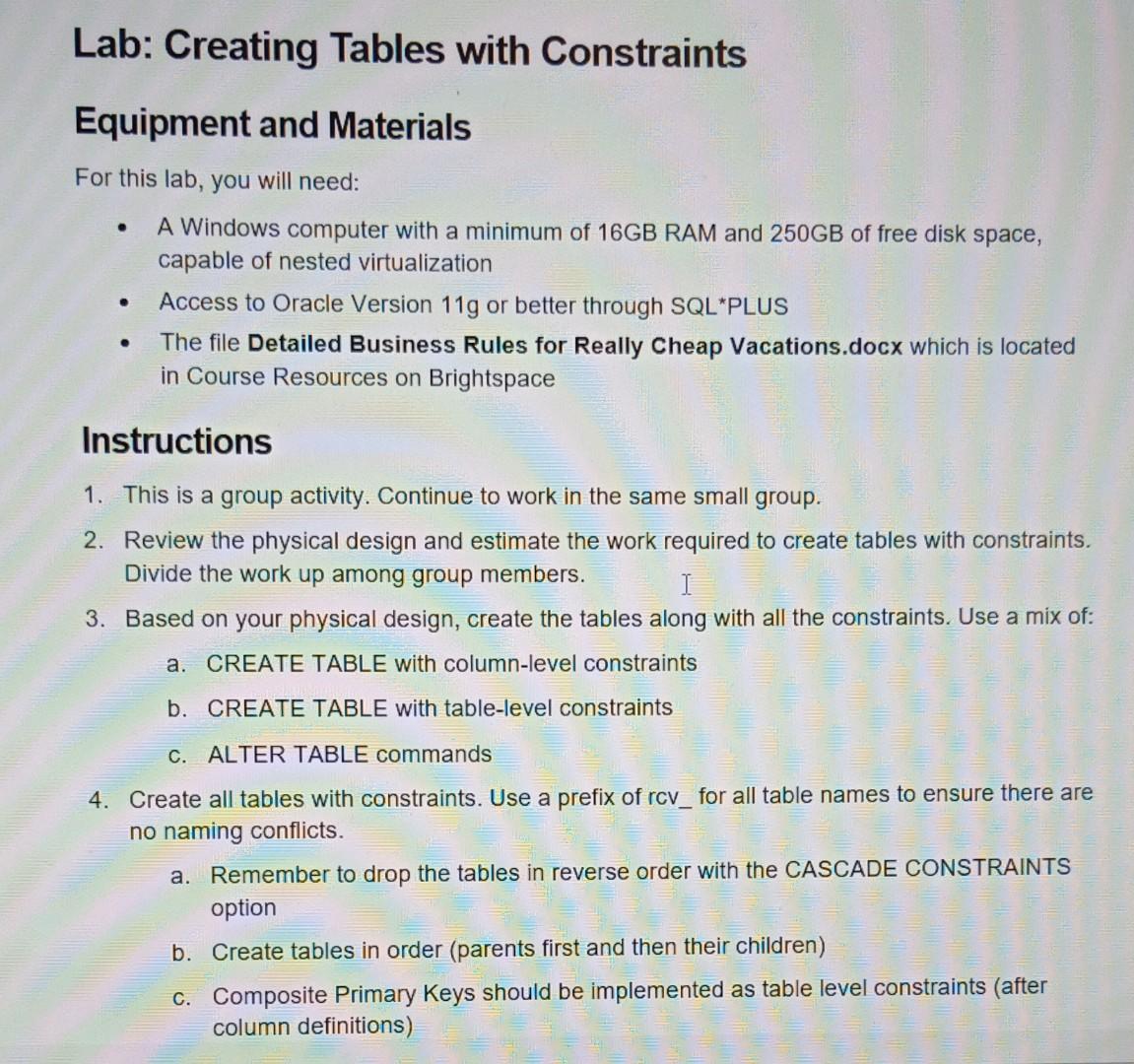 Solved Lab: Creating Tables with Constraints Equipment and | Chegg.com