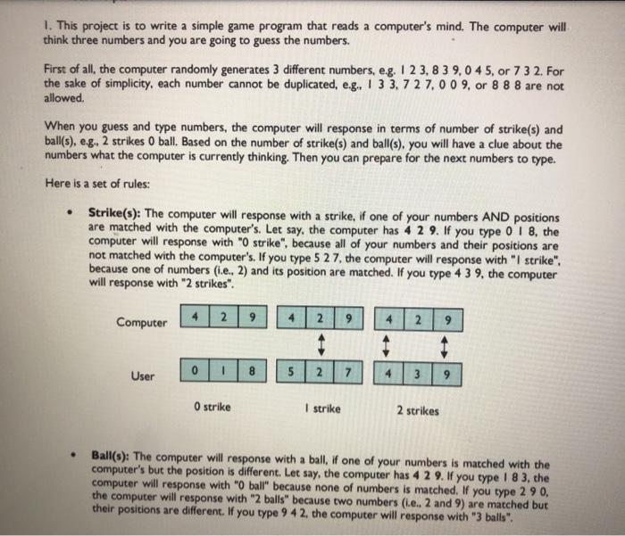Solved 1. This project is to write a simple game program | Chegg.com