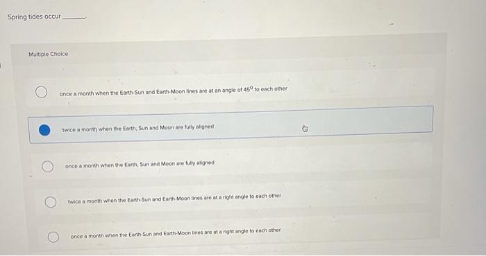 Solved Spring tides occur Multiple Choice once a month when | Chegg.com