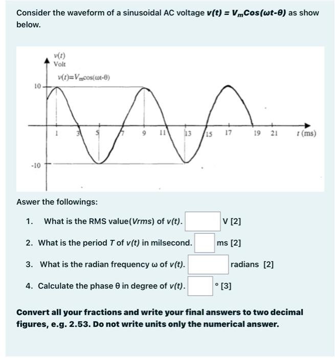 Solved Consider the waveform of a sinusoidal AC voltage v(t) | Chegg.com