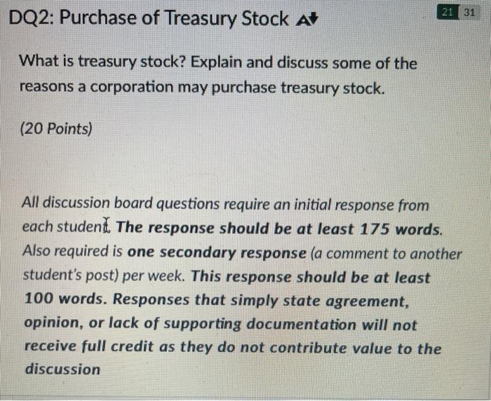 Solved 21 31 DQ2: Purchase Of Treasury Stock A What Is | Chegg.com