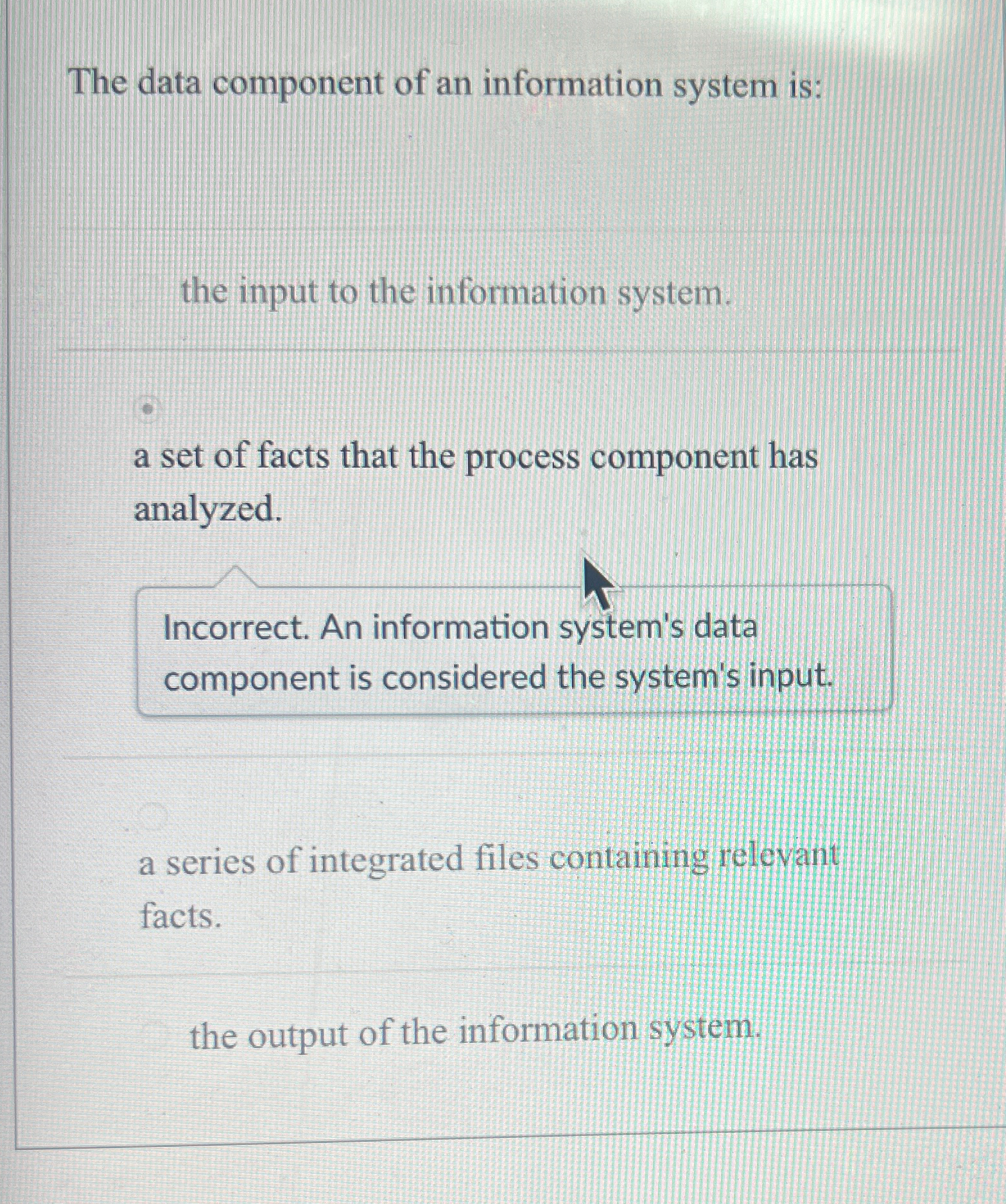 Solved The data component of an information system is:the | Chegg.com