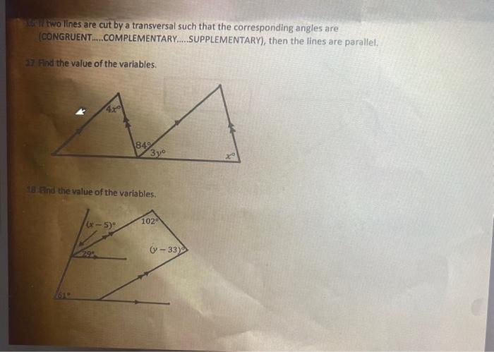 Solved Whi two lines are cut by a transversal such that the | Chegg.com