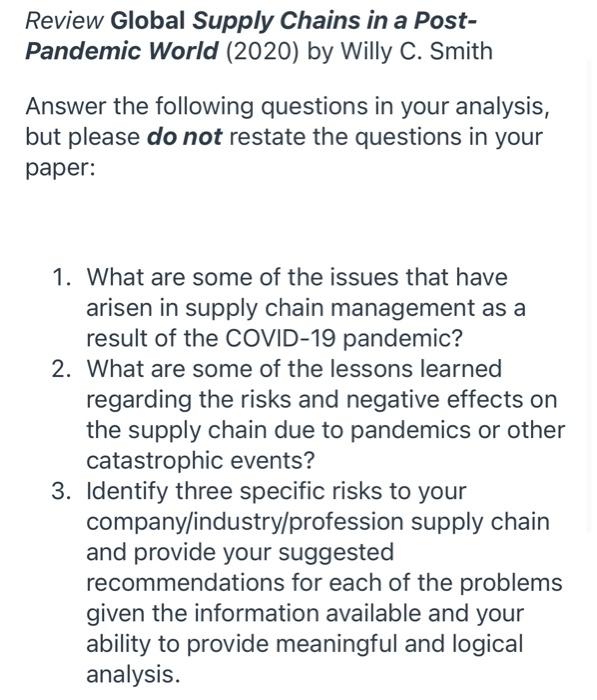 Solved Review Global Supply Chains in a Post- Pandemic World | Chegg.com