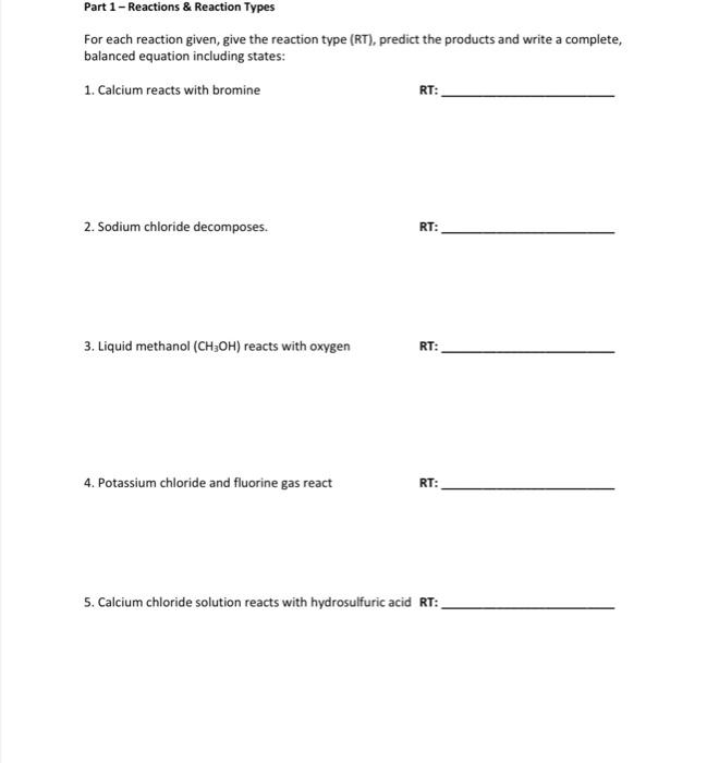 Solved Part 1 - Reactions & Reaction Types For each reaction | Chegg.com