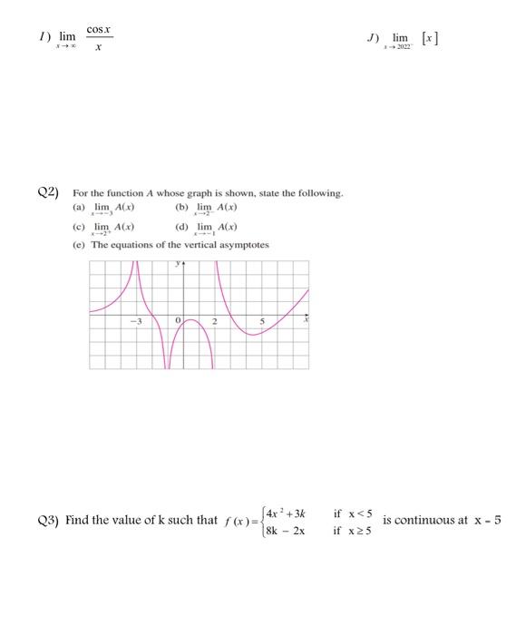 Solved I Limx→∞xcosx J Limx→2022− X Q2 For The Function 8387