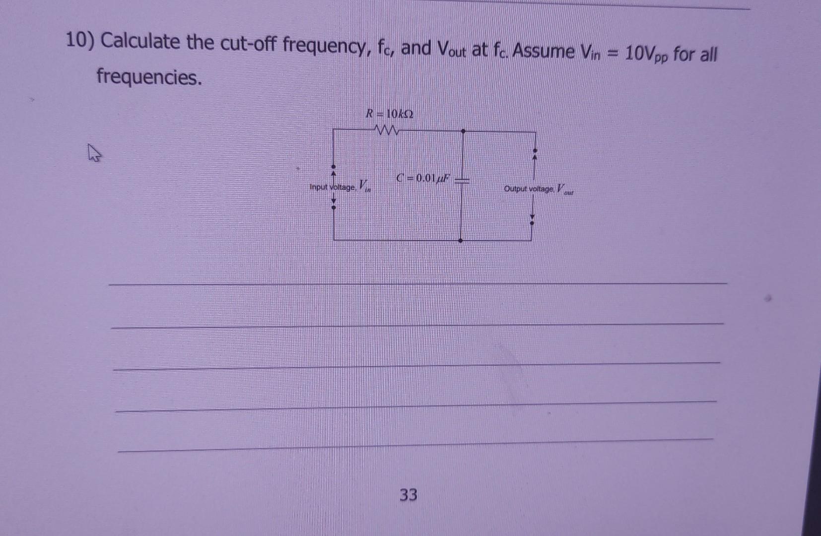 Fc Math Solved 0) Calculate the cut-off frequency, fc, and Vout at | Chegg.com