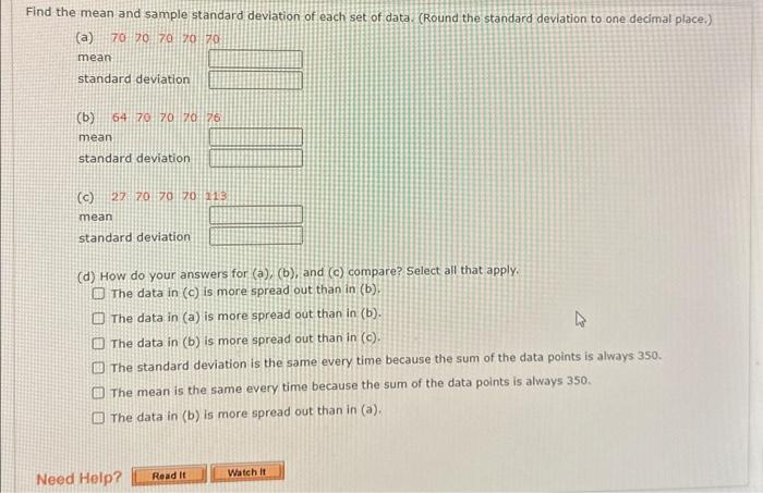 Solved d the mean and sample standard deviation of each set | Chegg.com