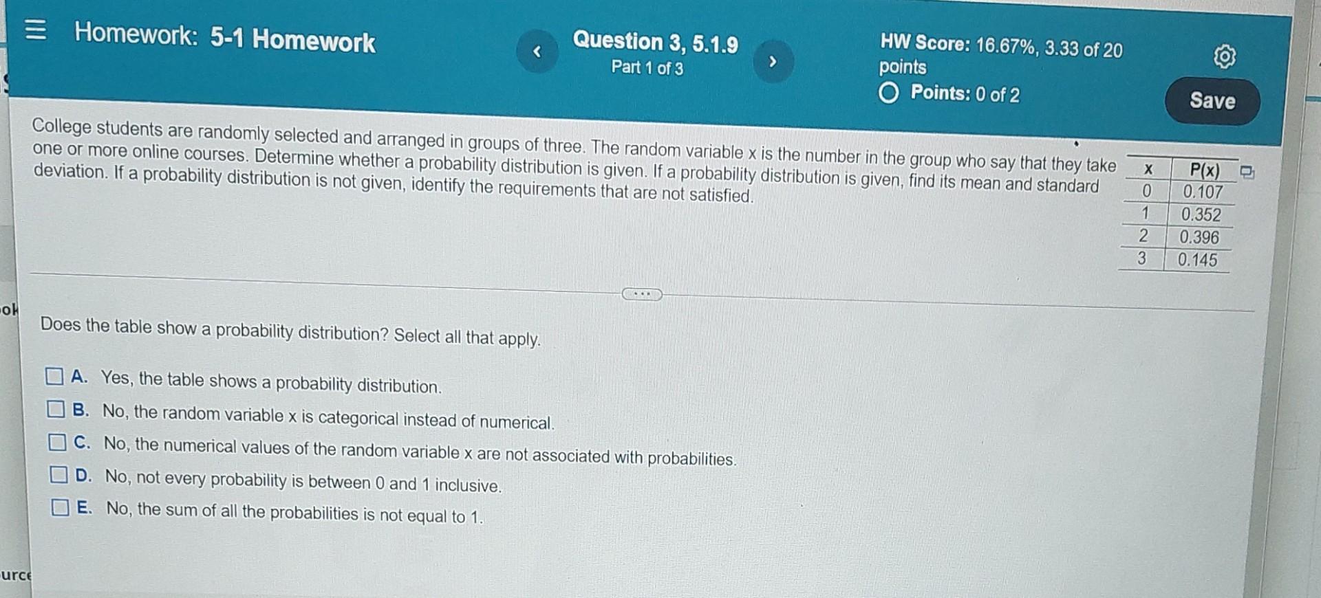 Solved Homework: 5-1 Homework Question 3, 5.1.9 Part 1 of 3 | Chegg.com