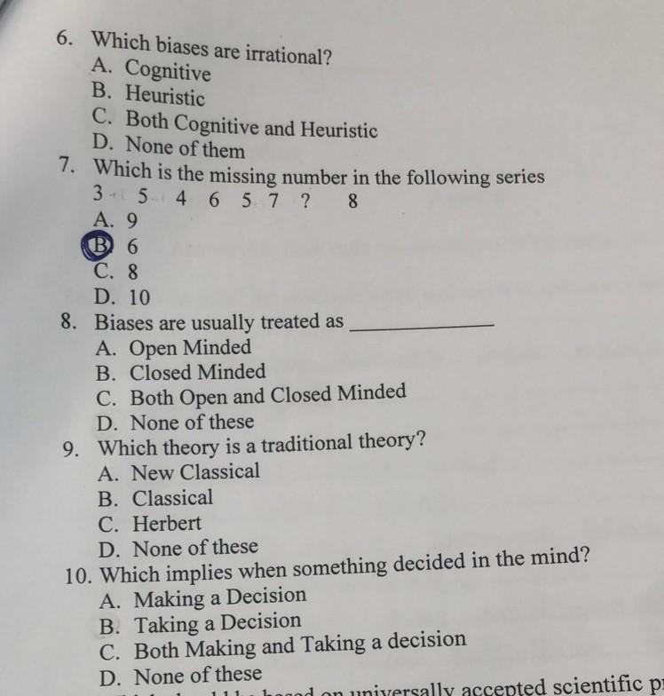 Solved 6. Which Biases Are Irrational? A. Cognitive B. | Chegg.com