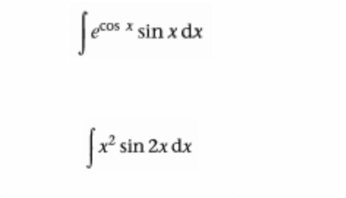 \( \int e^{\cos x} \sin x d x \) \( \int x^{2} \sin 2 x d x \)