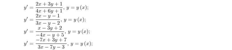 \( \begin{aligned} y^{\prime} & =\frac{2 x+3 y+1}{4 x+6 y+1}, y=y(x) \\ y^{\prime} & =\frac{2 x-y-1}{3 x-y-2}, y=y(x) \\ y^{\