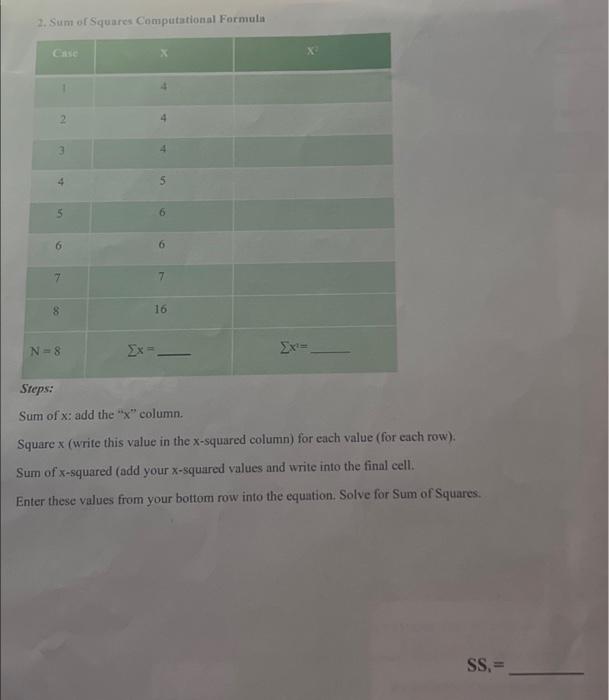 Solved 2. Sum or Squares Computational Formula Sreps: Sum of 