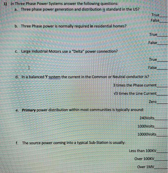 Solved 1) In Three Phase Power Systems answer the following | Chegg.com